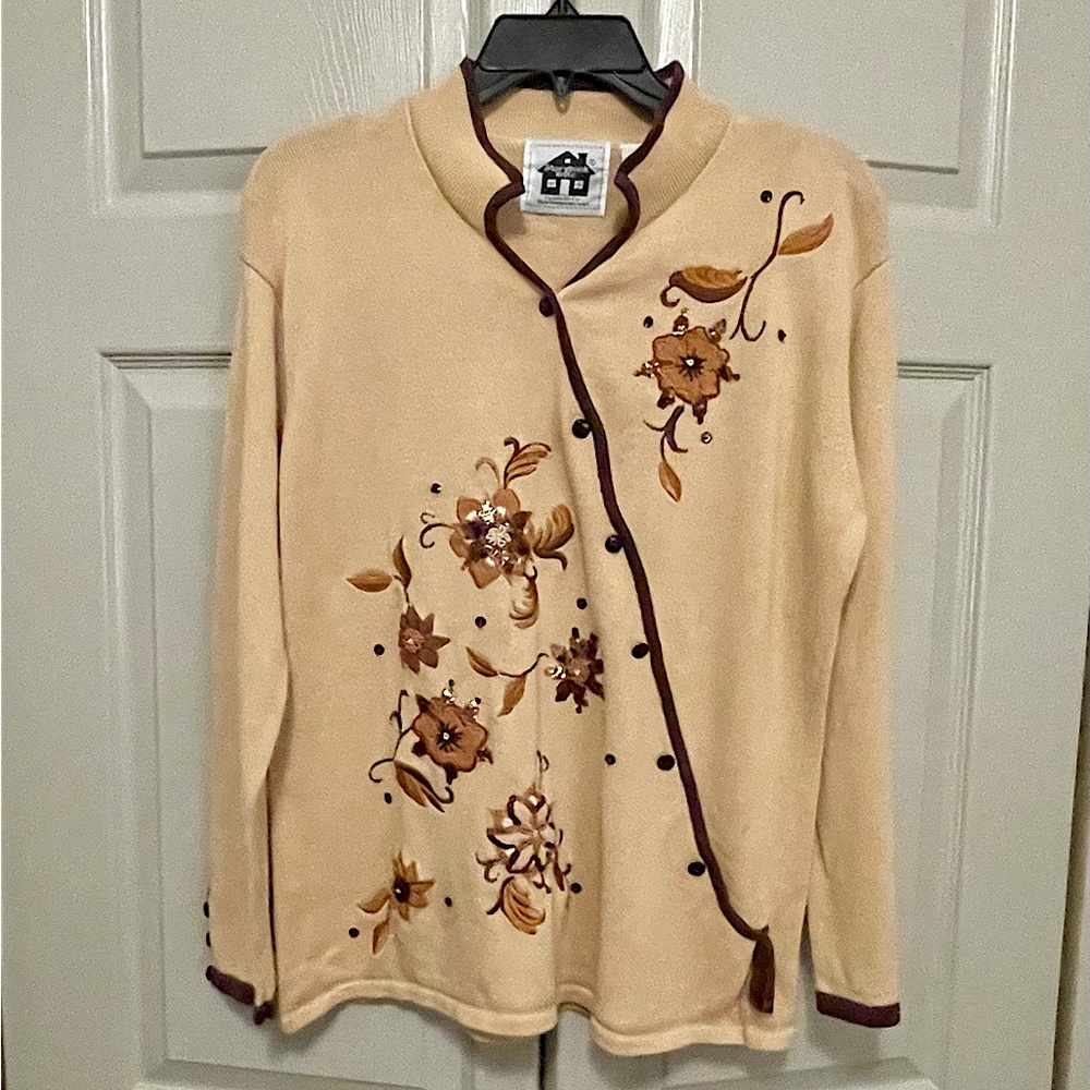 Storybook Knits Camel & Brown Embroidered and Sequined Sweater